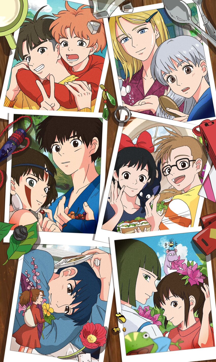 6+boys 6+girls aged_up animal animal_on_shoulder arrietty ashitaka berry black_eyes blonde_hair blue_hair bob_cut bow bowl_cut brown_eyes brown_hair brushing_hair cat cat_on_shoulder commentary_request company_connection earrings facepaint flower food frog fruit gake_no_ue_no_ponyo green_hair grey_hair grin hair_bow hair_down hair_flower hair_ornament haku_(sen_to_chihiro_no_kamikakushi) highres holding holding_food holding_fruit howl_(howl_no_ugoku_shiro) howl_no_ugoku_shiro hug hug_from_behind japanese_clothes jewelry jiji_(majo_no_takkyuubin) karigurashi_no_arrietty kiki_(majo_no_takkyuubin) majo_no_takkyuubin mini_person minigirl mononoke_hime multiple_boys multiple_girls ogino_chihiro orange_hair photo_(object) ponyo rikaco1988 ring san_(mononoke_hime) sandwich sen_to_chihiro_no_kamikakushi short_hair shou_(karigurashi_no_arrietty) smile sophie_(howl_no_ugoku_shiro) sousuke_(ponyo) studio_ghibli tombo_(majo_no_takkyuubin) undercut unworn_earring unworn_ring v