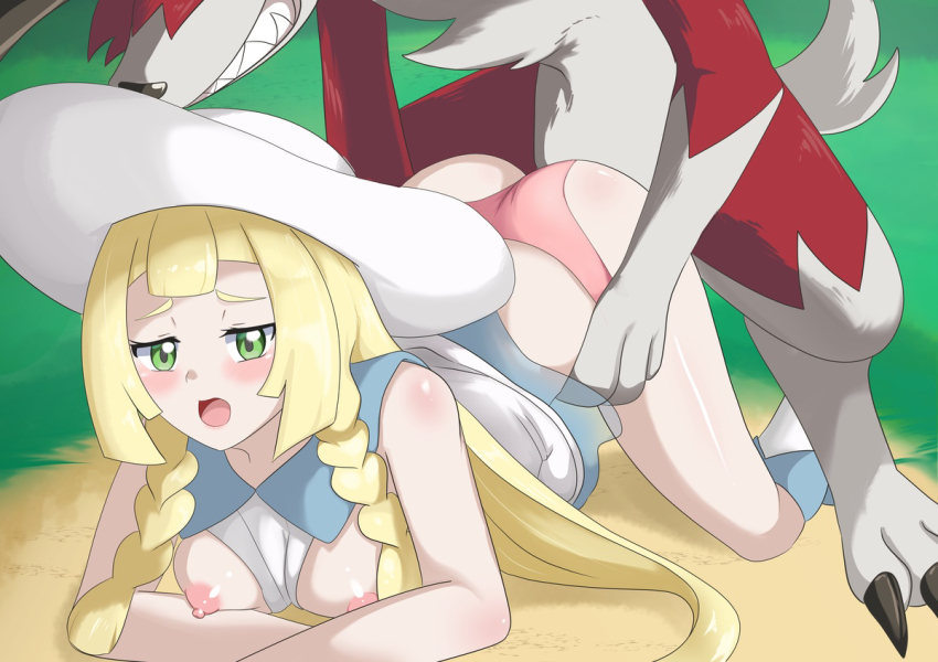 1boy 1girl all_fours bent_over bestiality blonde_hair boots braid breasts breasts_out clothing_aside doggystyle dress furry furry_male gen_7_pokemon green_eyes hat hetero holding knotting lillie_(pokemon) long_hair lycanroc lycanroc_(midnight) medium_breasts nintendo nipples nivi open_mouth panties panties_aside pink_panties pokemon pokemon_sm pokephilia sex sex_from_behind smile sun_hat teeth twin_braids underwear white_dress