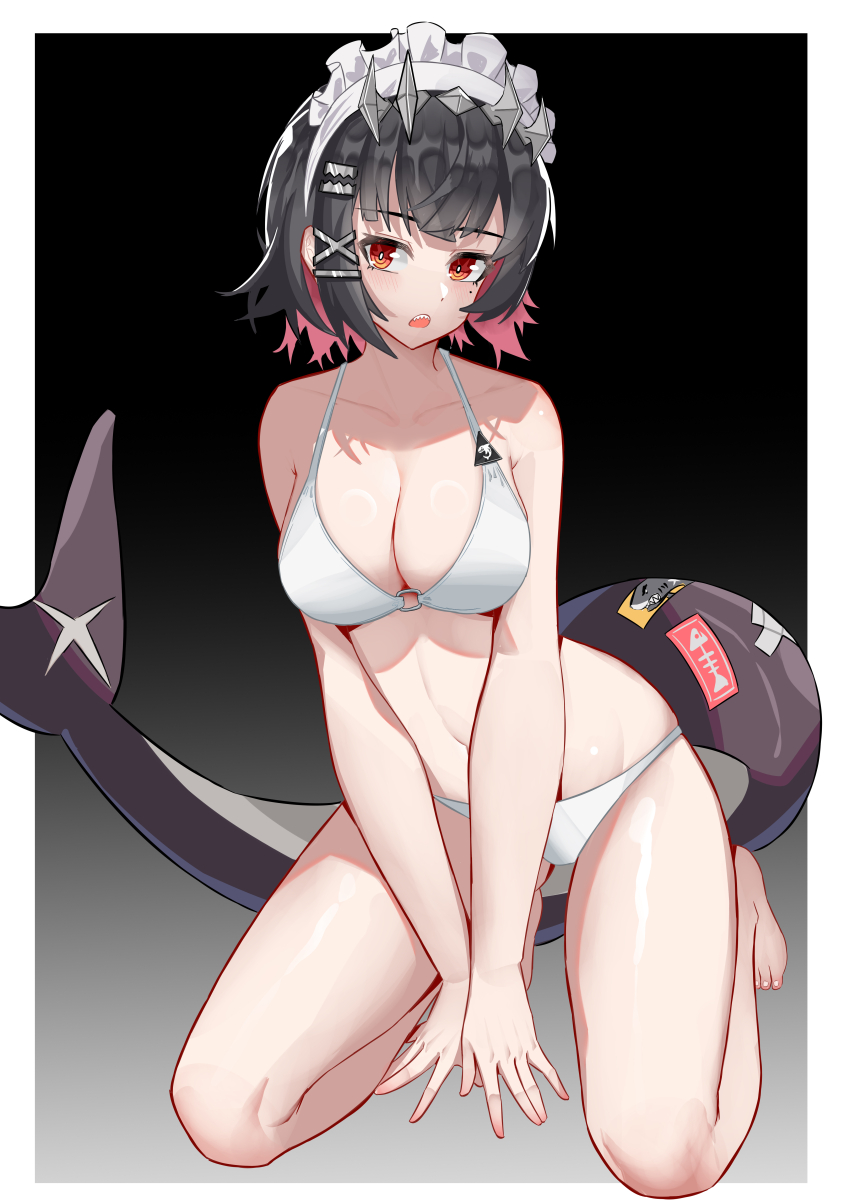 1girl absurdres anger_vein bare_shoulders barefoot bikini black_background black_hair breasts cleavage collarbone ellen_joe fins fish_tail frilled_hairband frills hair_ornament hairband highres kneeling large_breasts maid_headdress mole mole_under_eye muusn navel open_mouth red_eyes red_hair shark_girl shark_tail short_hair simple_background solo spiked_hairband spikes stomach swimsuit tail white_bikini zenless_zone_zero
