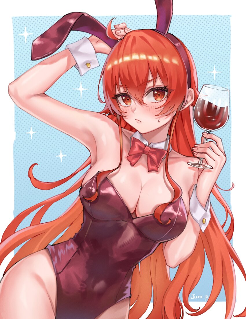 1girl absurdres ahoge animal_ears armpits artist_name bare_shoulders blue_background blush border bow bowtie breasts cleavage closed_mouth commentary cowboy_shot cup drinking_glass english_commentary eris_greyrat fake_animal_ears highres holding holding_cup jjum_pp large_breasts leotard long_hair mushoku_tensei playboy_bunny purple_leotard rabbit_ears red_bow red_bowtie red_eyes red_hair solo sweatdrop thighs white_border wine_glass wrist_cuffs