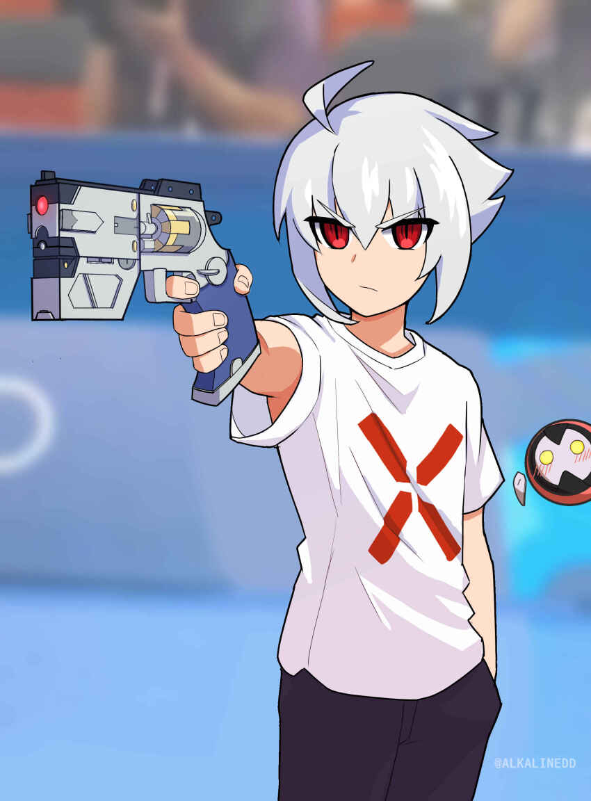 1boy 2024_summer_olympics absurdres acura_(gunvolt) alkalinedd azure_striker_gunvolt azure_striker_gunvolt_2 black_pants blurry blurry_background cowboy_shot grey_hair gun hand_in_pocket highres holding holding_gun holding_weapon olympics pants photo_background red_eyes roro_(gunvolt) shirt short_hair solo_focus weapon white_shirt yusuf_dikec yusuf_dikec_(meme)