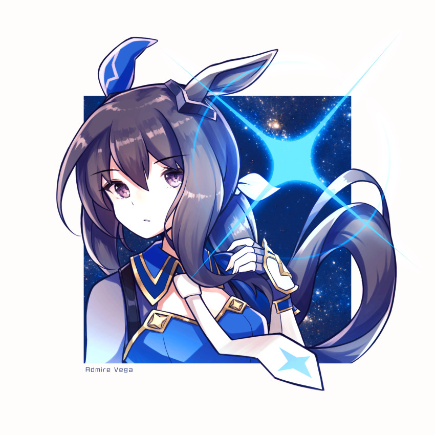 1girl absurdres admire_vega_(umamusume) animal_ears bad_id bad_pixiv_id brown_hair character_name ear_covers fingerless_gloves gloves hair_between_eyes hand_up highres horse_ears horse_girl long_hair low_ponytail matahira_takumi name_connection necktie object_namesake ponytail purple_eyes sidelocks single_ear_cover solo star_(sky) umamusume upper_body vega_(star)