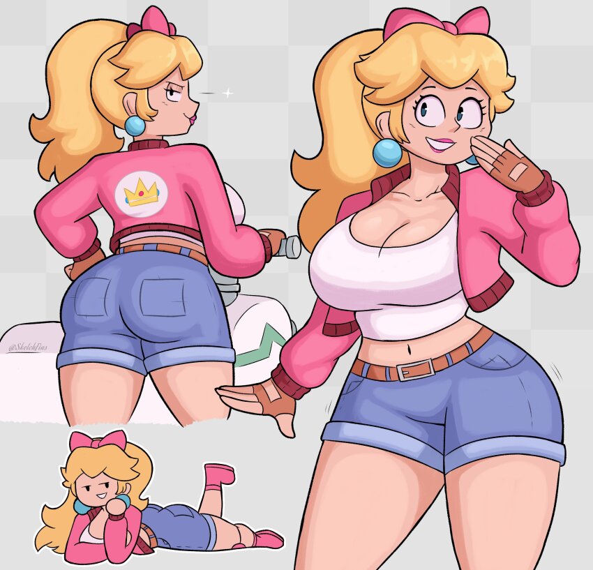 1girl absurdres ass belt blonde_hair blue_eyes bow breasts cleavage collarbone denim denim_shorts earrings grin hair_bow hair_ribbon half-closed_eyes highres huge_ass jacket jewelry large_breasts legs long_hair looking_at_viewer lying mario_(series) mario_kart mario_kart_world multiple_views navel nintendo nintendo_switch_2 on_stomach open_clothes open_jacket open_mouth pink_jacket pink_lips ponytail princess_peach princess_peach_(touring) ribbon shirt shorts sketchfins sleeveless smile solo sphere_earrings tank_top the_pose thick_thighs thighs white_shirt