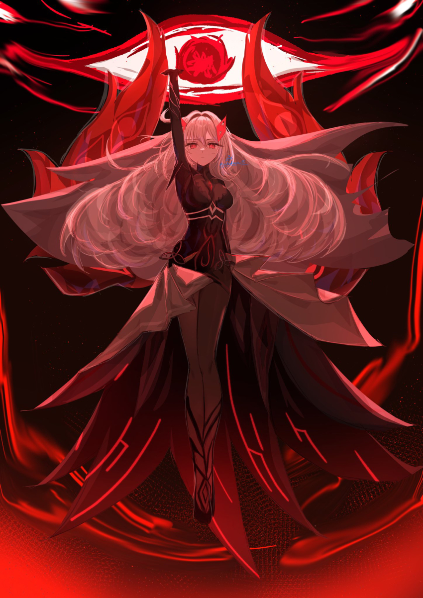 1girl arm_up artist_name black_background black_dress black_skin blonde_hair colored_skin commentary_request dress duplicate eye_symbol floating floating_hair genshin_impact glowing glowing_eyes gradient_background hair_between_eyes hair_floating_upwards hair_intakes hair_ornament highres long_hair looking_at_viewer multicolored_skin nekokuro_(geja5355) powering_up red_eyes red_wings ronova_(genshin_impact) shade solo symbol-shaped_pupils two-tone_skin veil wavy_hair wings