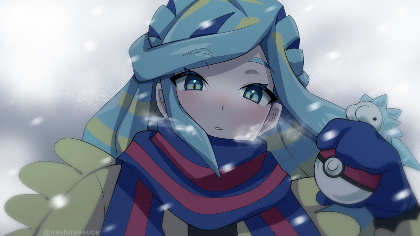 1boy aqua_eyes aqua_hair blue_mittens blue_scarf blush breath coat commentary_request creatures_(company) eyelashes game_freak gen_8_pokemon grusha_(pokemon) highres holding holding_poke_ball long_hair male_focus mittens nashirasauce nintendo outdoors parted_lips poke_ball pokemon pokemon_(creature) pokemon_sv scarf sidelocks snom snowing upper_body yellow_coat