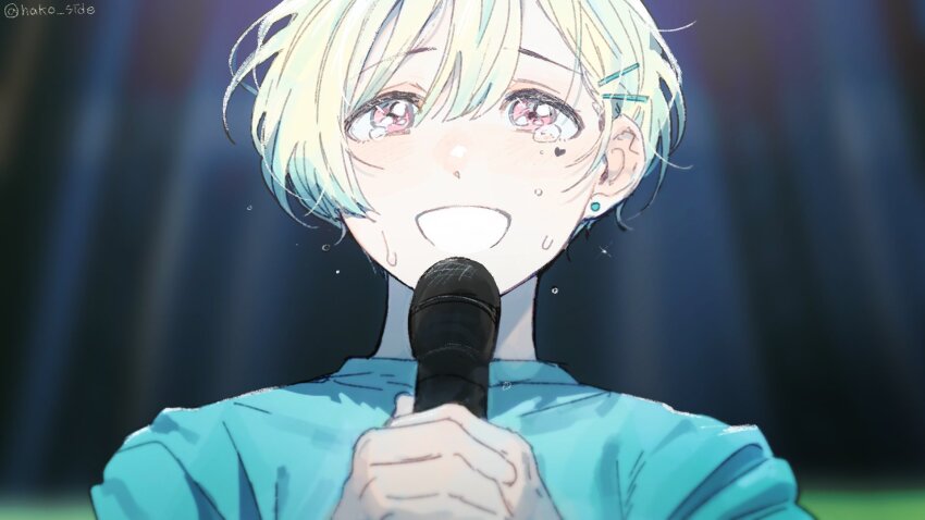 1boy 43_pon :d bad_id bad_twitter_id black_background blonde_hair blue_shirt commentary_request earrings hair_between_eyes hanazono_momohito hands_up happy_tears highres holding holding_microphone idol idolmaster idolmaster_side-m idolmaster_side-m_growing_stars interlocked_fingers jewelry looking_at_viewer male_focus microphone mole mole_under_eye open_mouth own_hands_together pink_eyes shirt short_hair smile solo sparkle spotlight sweat tears upper_body