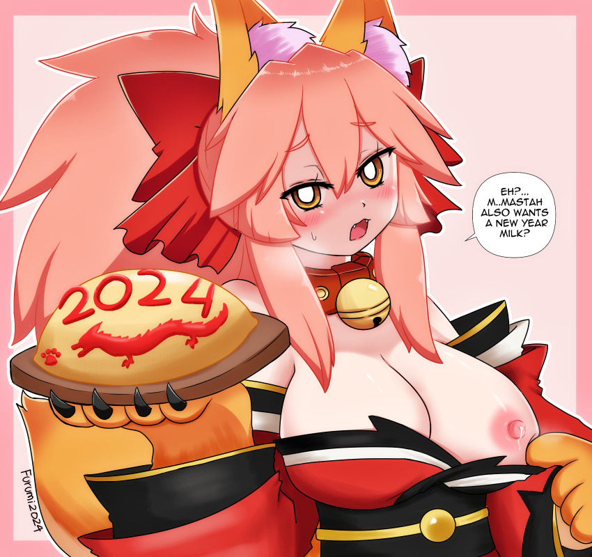 1girl 2024 animal_ear_fluff animal_ears animal_hands bell blush breasts cat_paws cleavage collar fate/grand_order fate_(series) fox_girl fox_tail happy_new_year highres japanese_clothes keita_naruzawa kimono lactation large_breasts long_hair new_year open_mouth pink_hair ponytail red_kimono ribbon solo tail tamamo_(fate) tamamo_cat_(fate) yellow_eyes
