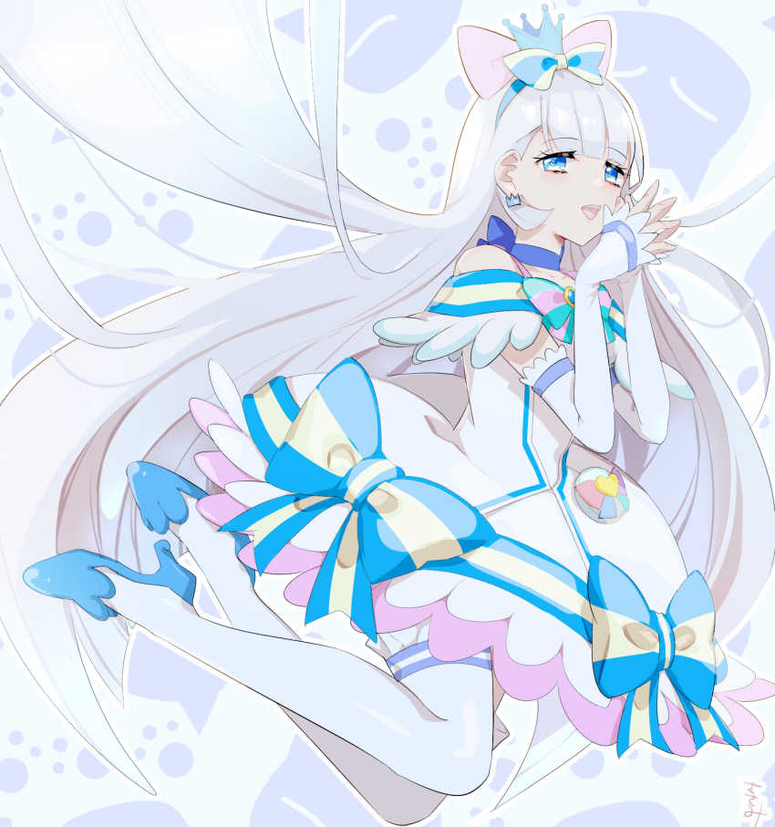 1girl artist_name blue_crown blue_eyes blue_footwear blue_hairband blue_headwear bow bowtie brooch crown crown_earrings cure_nyammy detached_sleeves dress dress_bow earrings floating frilled_thighhighs frills hair_bow hairband half-closed_eyes high_heels highres jewelry legs_up long_hair looking_at_viewer magical_girl medium_dress mini_cooper nekoyashiki_yuki off-shoulder_dress off_shoulder own_hands_together precure signature solo thighhighs torino_sasami very_long_hair white_bow white_dress white_hair white_sleeves white_thighhighs wonderful_precure!