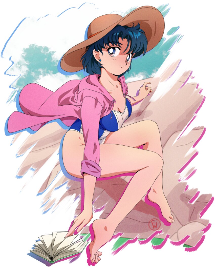 1girl absurdres animal_ears barefoot bishoujo_senshi_sailor_moon bishoujo_senshi_sailor_moon_(first_season) blue_hair blue_one-piece_swimsuit book breasts cleavage feet fritz_willie full_body hat highres legs medium_breasts mizuno_ami official_alternate_costume one-piece_swimsuit short_hair solo swimsuit