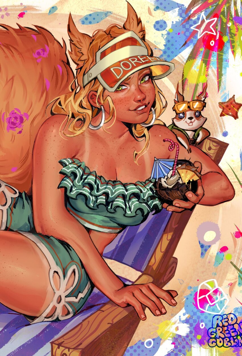 1girl animal_ears aqua_shirt aqua_shorts beach_chair blonde_hair body_freckles breasts cleavage coconut_cup commentary cropped cup drinking_straw earrings english_commentary freckles frilled_shirt frills green_eyes highres holding holding_cup hoop_earrings jewelry long_hair marvel marvel_rivals official_alternate_costume redgreengoblin shirt shorts shoulder_freckles silver_earrings sitting smile squirrel squirrel_ears squirrel_girl_(marvel) squirrel_girl_(sunshine_squirrel)_(marvel) squirrel_tail strapless strapless_shirt tail tan tanline thigh_freckles tippy-toe
