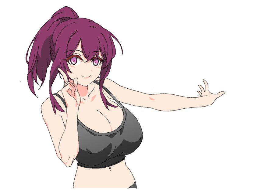 1girl bare_arms bare_shoulders breasts camisole cleavage collarbone commentary crop_top honkai:_star_rail honkai_(series) hoshino_ruby_dance kafka_(honkai:_star_rail) kili_kilio large_breasts long_hair looking_at_viewer midriff navel oshi_no_ko ponytail purple_eyes purple_hair revision sidelocks simple_background smile solo spaghetti_strap upper_body