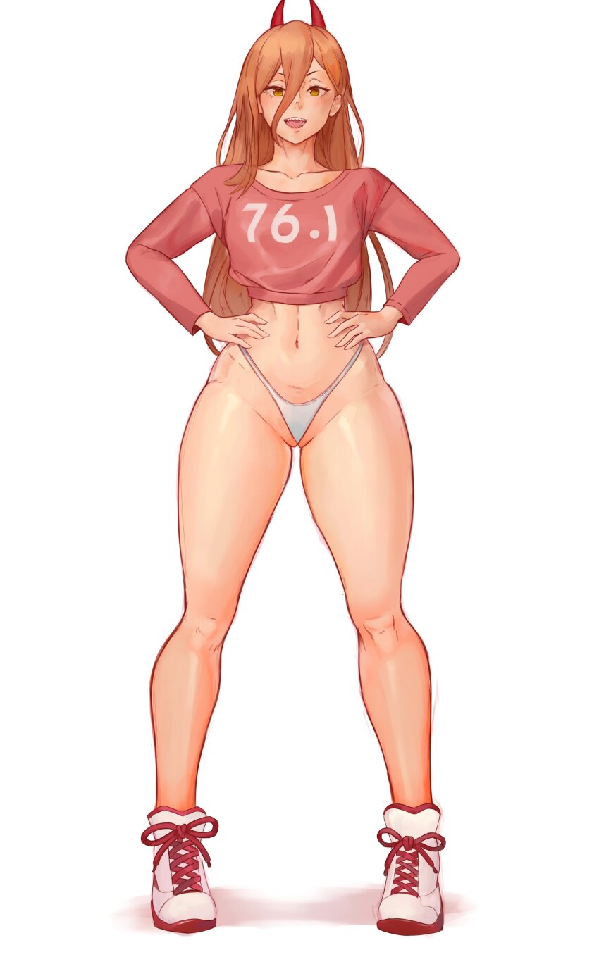 1girl absurdres alterlesott chainsaw_man cleft_of_venus collarbone frontal_wedgie full_body green_eyes hair_between_eyes hands_on_own_hips highleg highleg_panties highres horns legs_apart linea_alba long_hair long_sleeves looking_at_viewer navel no_pants number_print open_mouth panties partially_visible_vulva photo-referenced pink_shirt power_(chainsaw_man) sharp_teeth shirt shoes smug sneakers solo standing symbol-shaped_pupils teeth thighs thong toned underwear v-shaped_eyebrows wedgie white_panties white_shoes