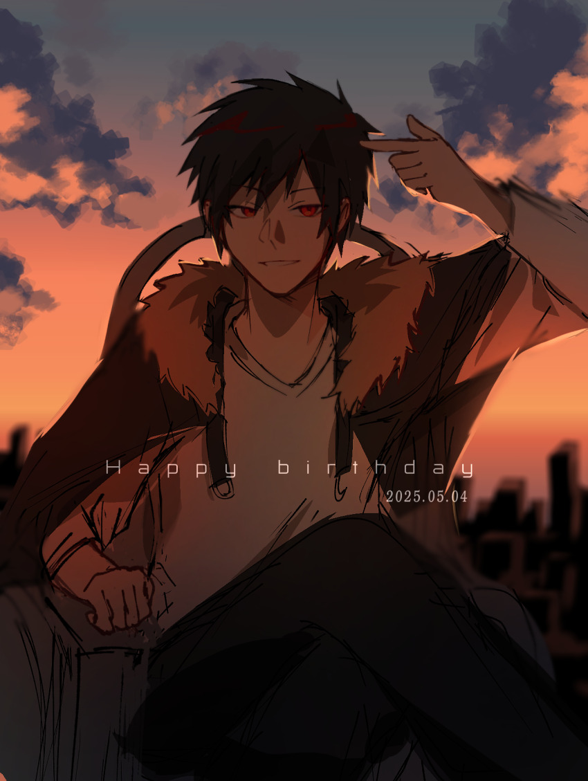 1boy 2025 backlighting black_hair blue_sky commentary crossed_legs dated durarara!! evening fur-trimmed_hood fur_trim happy_birthday highres hood looking_at_viewer male_focus orange_sky orihara_izaya outdoors parted_lips pointing pointing_at_self red_eyes shirt short_hair sitting sky skyline smile solo sunset wheelchair white_shirt yum00m