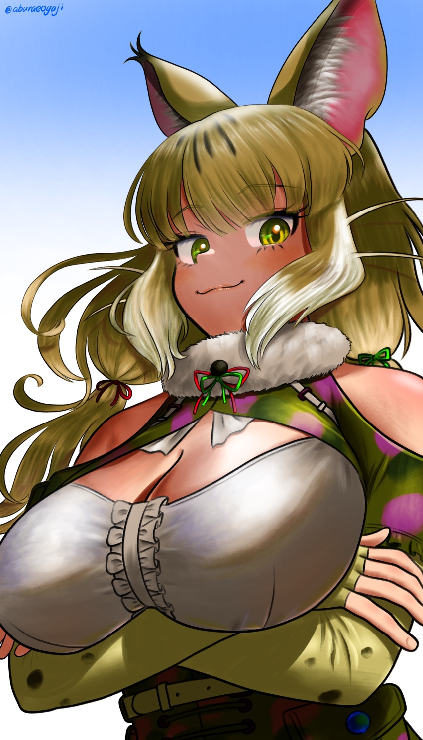 1girl absurdres aburaeoyaji animal_ears bare_shoulders belt blue_background breasts camouflage cat_ears cat_girl cleavage elbow_gloves extra_ears fingerless_gloves gloves green_eyes grey_hair highres jungle_cat_(kemono_friends) kemono_friends kemono_friends_v_project large_breasts long_hair looking_at_viewer microphone ribbon shirt simple_background skirt solo twintails upper_body virtual_youtuber