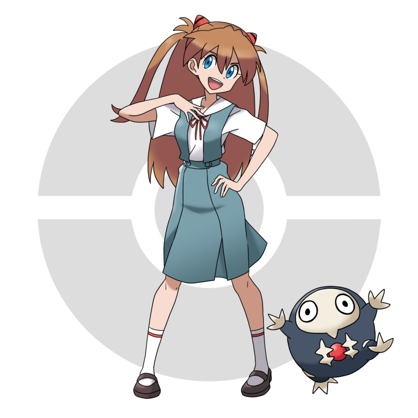 1girl 1other arms_up blue_eyes breasts darumaka from_side full_body gen_5_pokemon grin hand_on_own_hip interface_headset_(evangelion) long_hair looking_at_viewer neck_ribbon neon_genesis_evangelion nintendo official_style open_mouth parody poke_ball poke_ball_symbol pokemon red_ribbon ribbon sachiel sashimi_(sasihmi) school_uniform shirt simple_background skirt sleeveless smile solo souryuu_asuka_langley style_parody sugimori_ken_(style) suspender_skirt suspenders teeth tokyo-3_middle_school_uniform twintails upper_teeth_only white_shirt