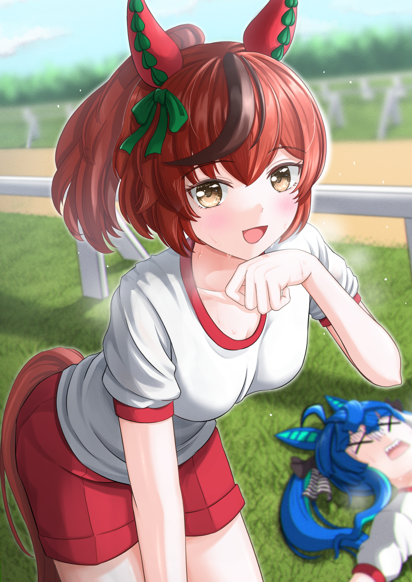 2girls absurdres alternate_costume animal_ears blue_hair blurry blurry_background blush breasts brown_eyes cleavage collarbone ear_covers fence gamel_120 grass hand_up heavy_breathing highres horse_ears horse_girl horse_tail long_hair medium_breasts medium_hair multicolored_hair multiple_girls nice_nature_(umamusume) open_mouth ponytail red_hair shorts solo_focus streaked_hair tail twin_turbo_(umamusume) umamusume x_x