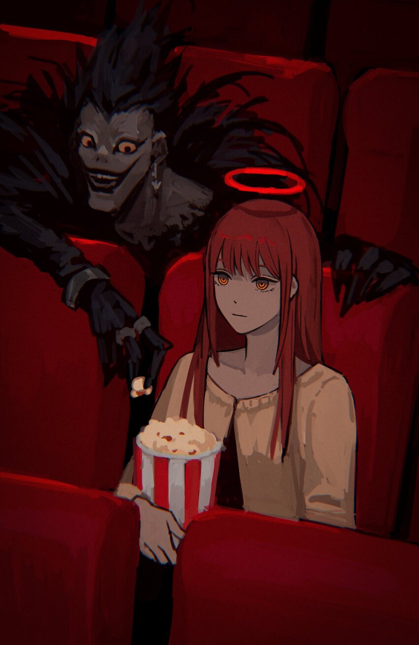 1boy 1girl alternate_hairstyle black_hair cardigan chainsaw_man closed_mouth colored_skin commentary crossover death_note earrings english_commentary food grey_skin grin hair_down halo highres jewelry long_sleeves looking_ahead looking_at_another makima_(chainsaw_man) movie_theater open_mouth popcorn red_hair red_halo ring ringed_eyes ryuk shinigami sitting smile solraka tall_hair theater_seating upper_body yellow_eyes