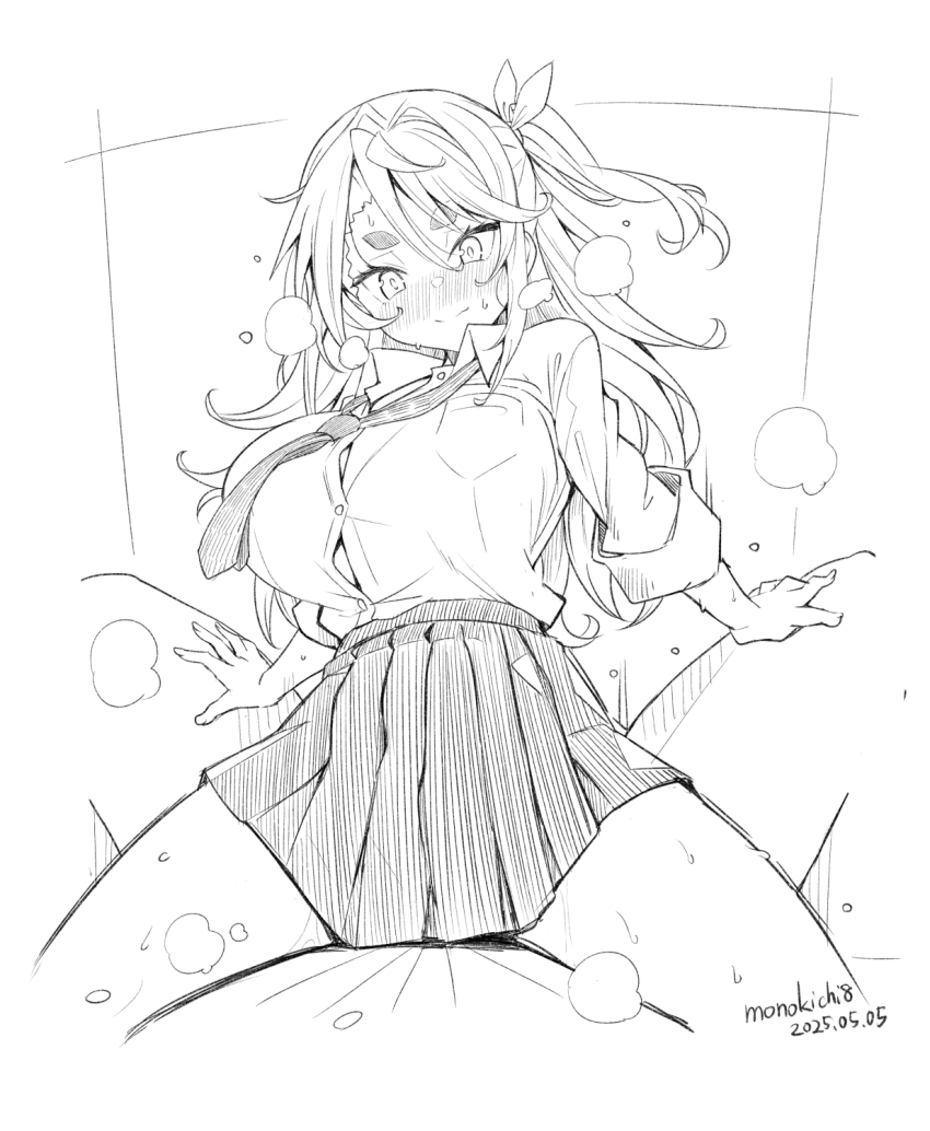 1boy 1girl artist_name blush breasts button_gap closed_mouth clothed_female_nude_male cowgirl_position dated girl_on_top greyscale hetero highres kichihachi large_breasts long_hair monochrome necktie nude original pleated_skirt sex shirt short_sleeves sketch skirt straddling thick_eyebrows