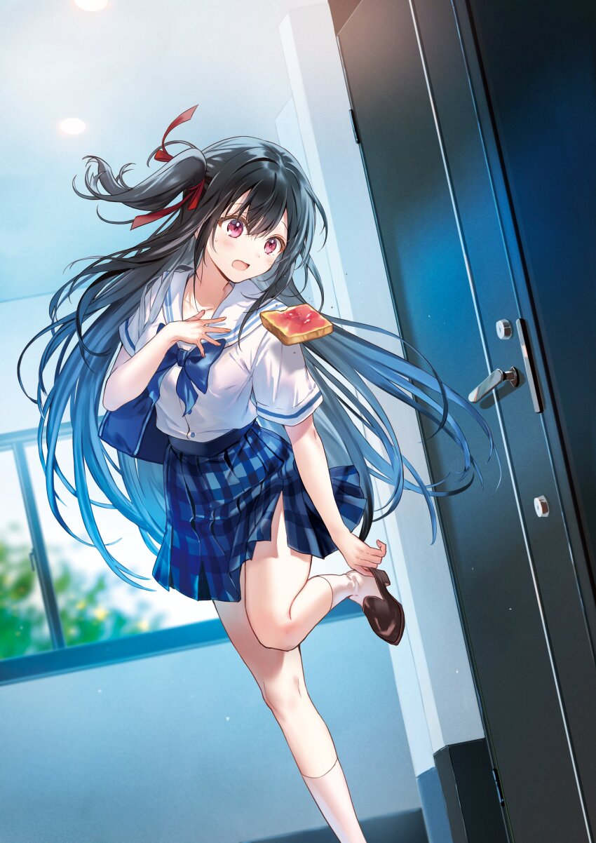 1girl absurdres bag blue_neckerchief blue_skirt bread bread_slice cover cover_page door food hair_ribbon hanekoto highres indoors late_for_school loafers long_hair natsunagi_nagisa neckerchief novel_cover novel_illustration official_art open_mouth plaid_clothes plaid_skirt pleated_skirt putting_on_footwear red_eyes red_ribbon ribbon sailor_collar sailor_shirt school_bag school_uniform second-party_source serafuku shirt shoes single_sidelock skirt socks solo tantei_wa_mou_shindeiru textless_version toast very_long_hair white_sailor_collar white_shirt white_socks window