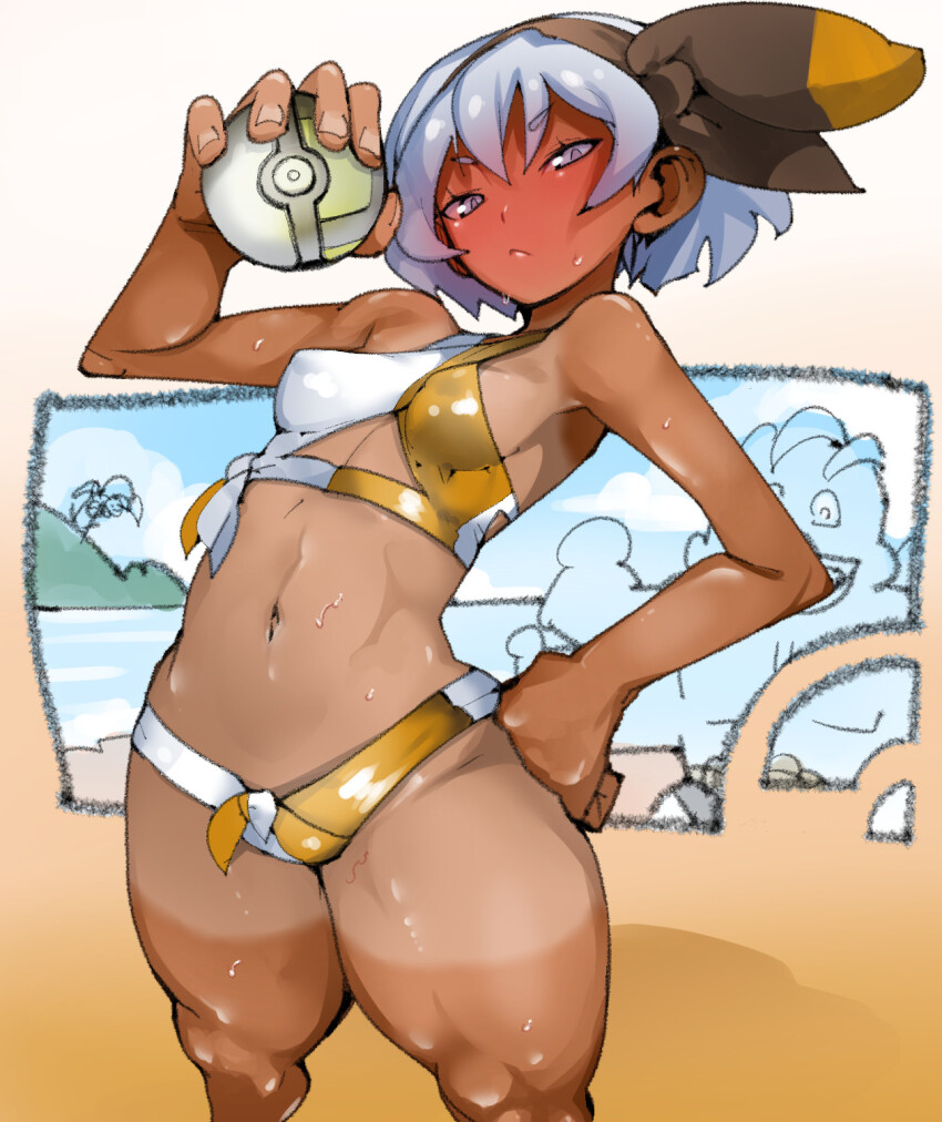 1girl alternate_costume bare_shoulders bea_(pokemon) bikini blush bow_hairband cowboy_shot dark-skinned_female dark_skin doodle_inset frown full-face_blush gen_1_pokemon grey_hair hair_between_eyes hairband half-closed_eyes hand_on_own_hip hand_up highres holding holding_poke_ball looking_at_viewer machamp multicolored_bikini navel nintendo orange_bikini poke_ball pokemon pokemon_(creature) pokemon_swsh short_eyebrows short_hair solo sweat swimsuit takayama_toshinori tan tanline ultra_ball white_bikini
