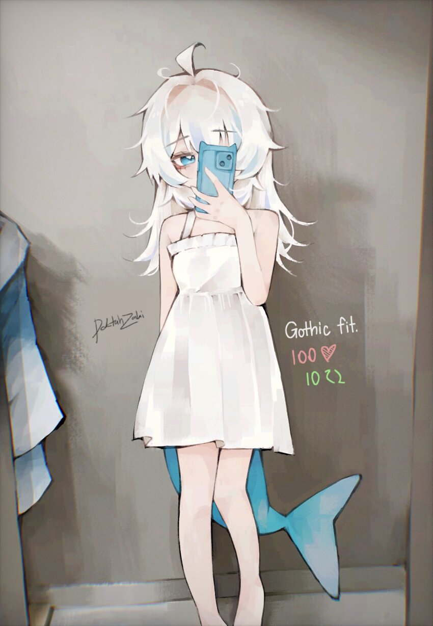 1girl ahoge arm_behind_back artist_name bare_shoulders blue_eyes blue_hair blue_hoodie blue_streaks breasts cat_ear_smartphone_case cellphone commentary doktahzaki dress english_commentary english_text eyelashes feet_out_of_frame fins fish_tail gawr_gura highres holding holding_phone hololive hololive_english hood hoodie like_and_retweet long_hair loose_hair_strand messy_hair multicolored_hair phone pigeon-toed raised_eyebrows reflection selfie shark_girl shark_tail short_dress signature sleeveless sleeveless_dress small_breasts smartphone smartphone_case solo standing streaked_hair sundress tail taking_picture unworn_hoodie virtual_youtuber white_dress white_hair