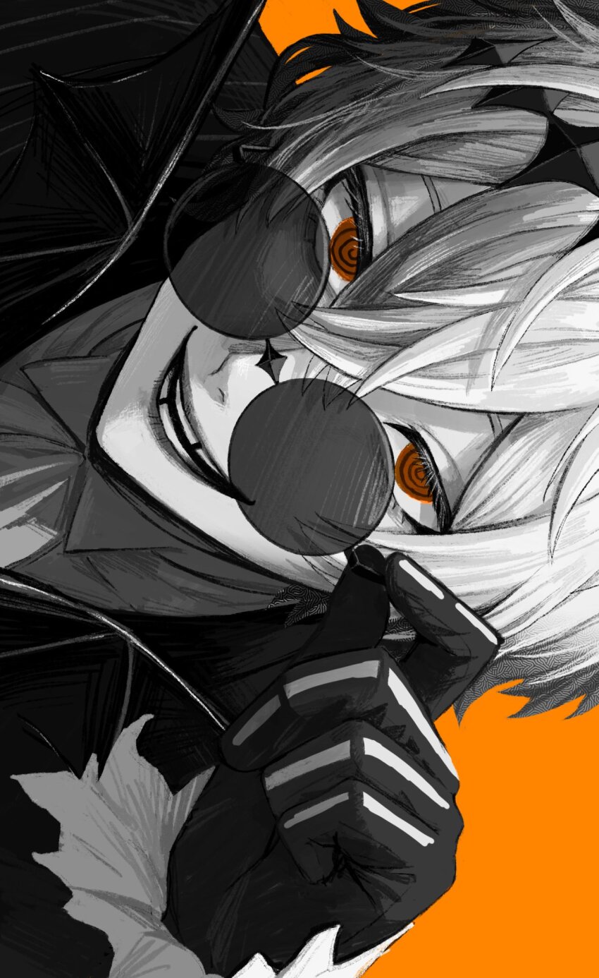 1boy ascot close-up collared_shirt commentary_request crossed_bangs double-parted_bangs fur-trimmed_jacket fur_trim gloves greyscale_with_colored_background grin hatching_(texture) head_tilt highres holding holding_removed_eyewear jacket leaning_forward looking_at_viewer male_focus nil_(pixiv_53614557) open_mouth orange_background orange_eyes raised_eyebrows sanpaku shirt sideways simple_background skully_j._graves smile sunglasses teeth twisted_wonderland unworn_eyewear