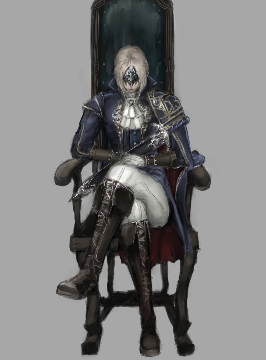 1girl absurdres ascot black_boots blonde_hair blue_coat boots closed_mouth coat commentary covered_eyes crossed_legs duchess_(elden_ring) elden_ring elden_ring_nightreign english_commentary gloves grey_background highres pants satsu-strive simple_background sitting solo sword throne weapon white_ascot white_gloves white_pants