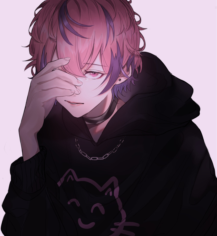 1girl black_choker black_hoodie chain chain_necklace choker commentary earrings grey_background hair_between_eyes hand_over_eye hand_up highres hood hood_down hoodie indie_utaite jewelry lips long_sleeves looking_at_viewer mano_aaa multicolored_hair necklace nqrse one_eye_covered parted_lips pink_eyes pink_hair print_hoodie purple_streaks ring short_hair simple_background solo streaked_hair stud_earrings upper_body utaite