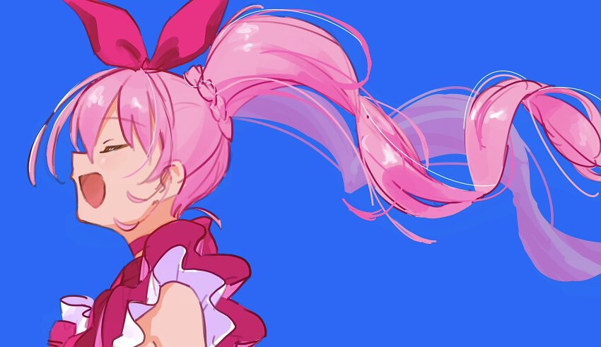 1girl blue_sky bow choker closed_eyes commentary cure_melody dress floating_hair frilled_dress frills highres houjou_hibiki magical_girl open_mouth pink_bow pink_choker pink_hair precure profile sidelocks sky solo suite_precure tsumekomi_(mk_prkk) twintails upper_body