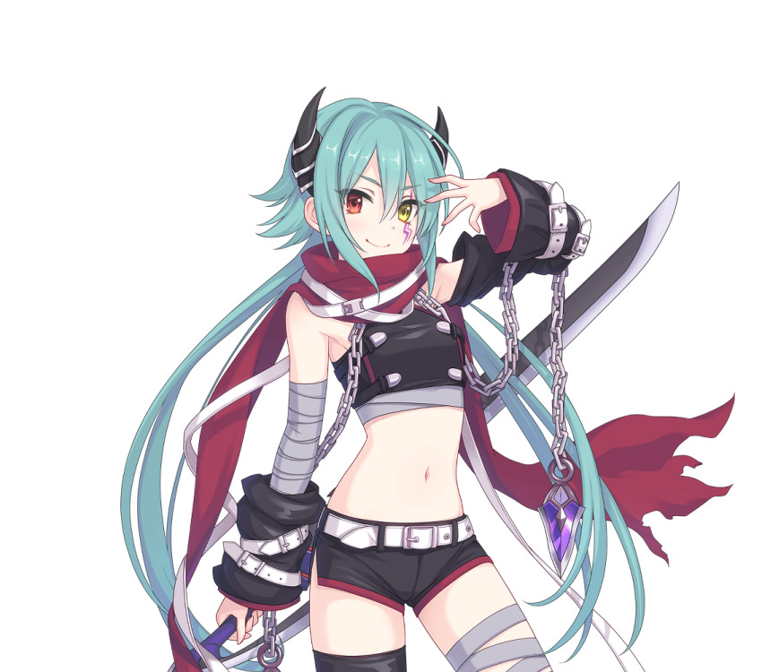 1girl anna_(princess_connect!) belt blue_hair heterochromia holding holding_sword holding_weapon long_hair official_art princess_connect! red_eyes scarf short_shorts shorts sword torn_clothes torn_scarf transparent_background weapon white_belt yellow_eyes