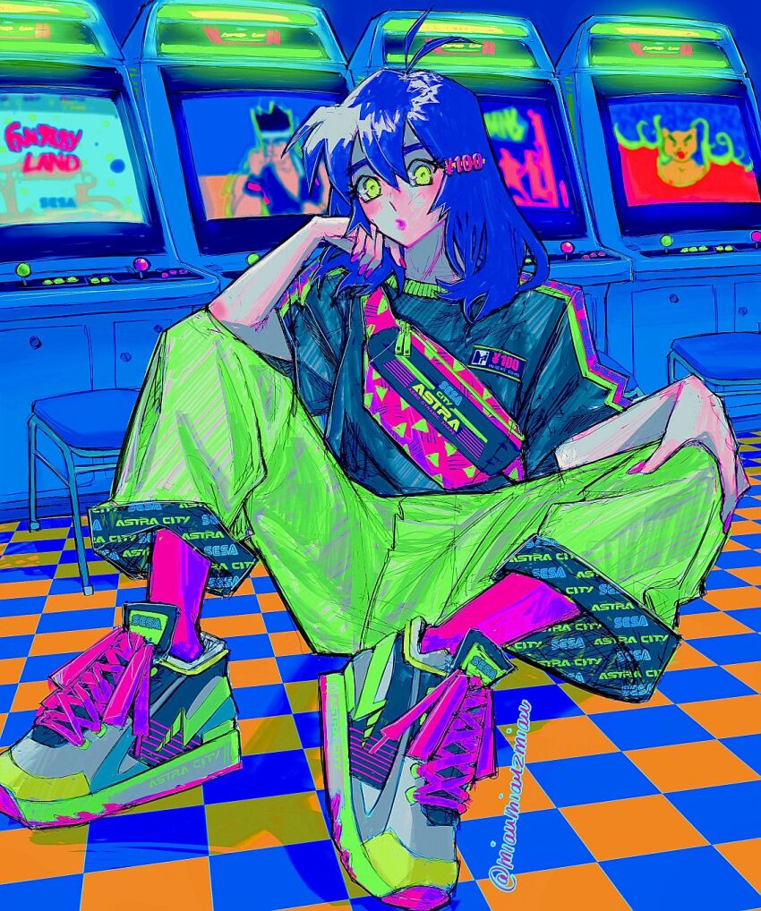 1girl :o antenna_hair arcade arcade_cabinet astro_city black_shirt blue_hair columns_(videogame) commentary fantasy_zone green_eyes green_pants green_shoes green_trim hair_between_eyes hand_on_own_chin hand_on_own_knee highres juuouki knees_up long_hair mullet neon_palette original pants parted_lips patterned_clothing pink_lips poririna purple_socks sega shirt shoes short_sleeves shoulder_strap sitting socks solo stool symbol-only_commentary text_hair_ornament tile_floor tiles twitter_username two-sided_pants unmoving_pattern virtua_fighter yuki_akira