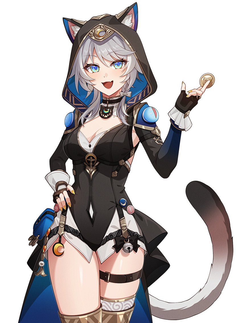 1girl animal_ear_fluff animal_ears animal_hood aqua_eyes armor black_gloves black_hood black_shirt black_sleeves blue_eyes breasts brown_tail cat_ears cat_girl cat_hood cat_tail cipher_(honkai:_star_rail) coin fingerless_gloves gloves gold_trim grey_hair highres holding holding_coin honkai:_star_rail honkai_(series) hood hood_up long_hair medium_breasts multicolored_eyes multicolored_tail open_mouth pochimaru_(marumaru_wanwan) second-party_source shirt shoulder_armor skirt solo tail thighhighs two-tone_eyes white_skirt white_tail yellow_nails