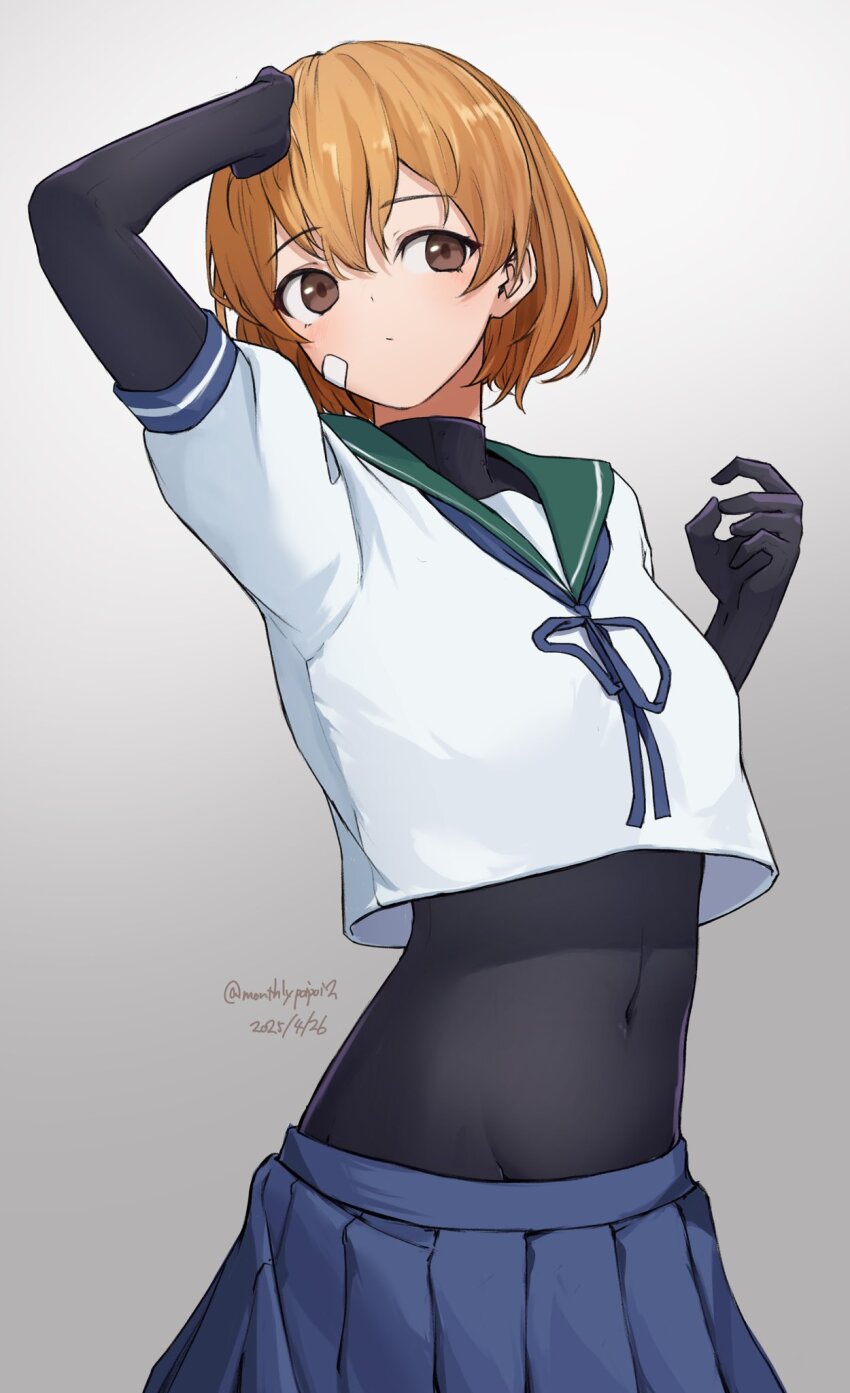 1girl bandaid bandaid_on_face black_bodysuit blue_neckerchief blue_sailor_collar blue_skirt bodysuit bodysuit_under_clothes brown_eyes brown_hair cowboy_shot dated gradient_background grey_background highres kantai_collection navel neckerchief oboro_(kancolle) pleated_skirt sailor_collar sailor_shirt school_uniform serafuku shirt short_hair skirt solo twitter_username umibudou white_shirt