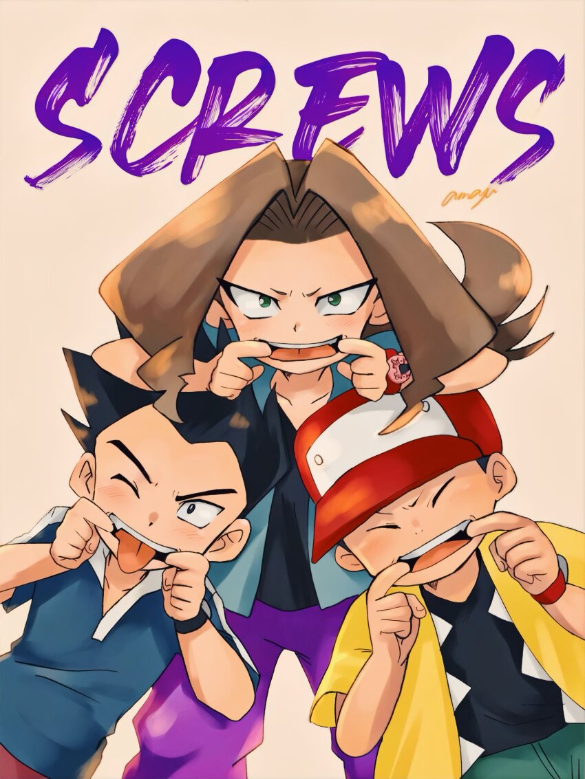 1girl 2boys absurdres amayu_(amaamailust) baseball_cap black_hair blue_jacket blue_shirt brown_hair closed_eyes hat highres iwanoi jacket kagamiyama kikuhime medarot medarot_2 medawatch multiple_boys parted_bangs ponytail shirt spiked_hair yellow_jacket
