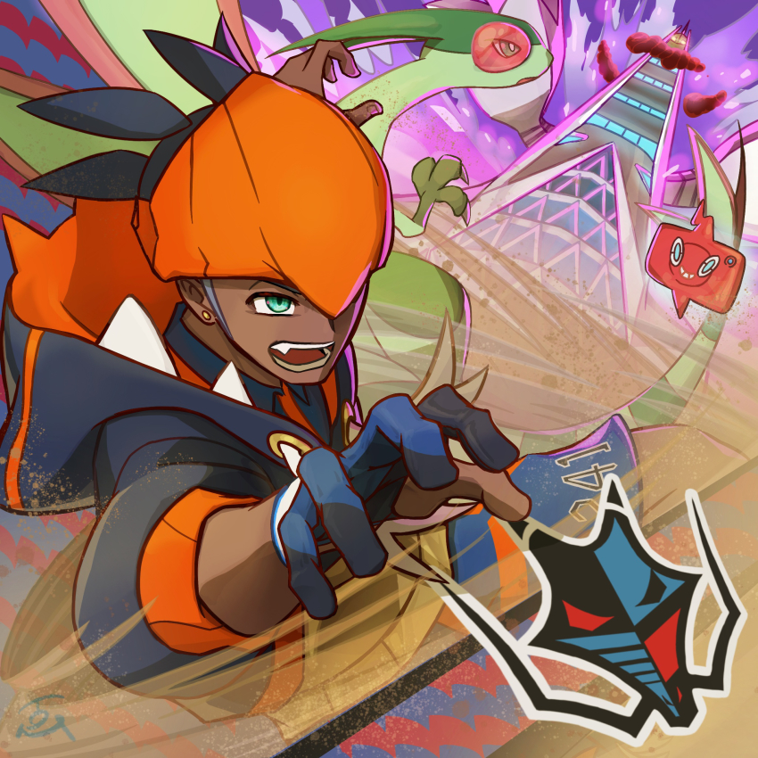 1boy commentary_request creature dark-skinned_male dark_skin duraludon fang flygon gen_3_pokemon gen_4_pokemon gen_8_pokemon gigantamax gigantamax_duraludon green_eyes gym_leader highres male_focus nintendo pokemon pokemon_(creature) pokemon_swsh raihan_(pokemon) rotom rotom_phone shorts tom_(pixiv10026189)