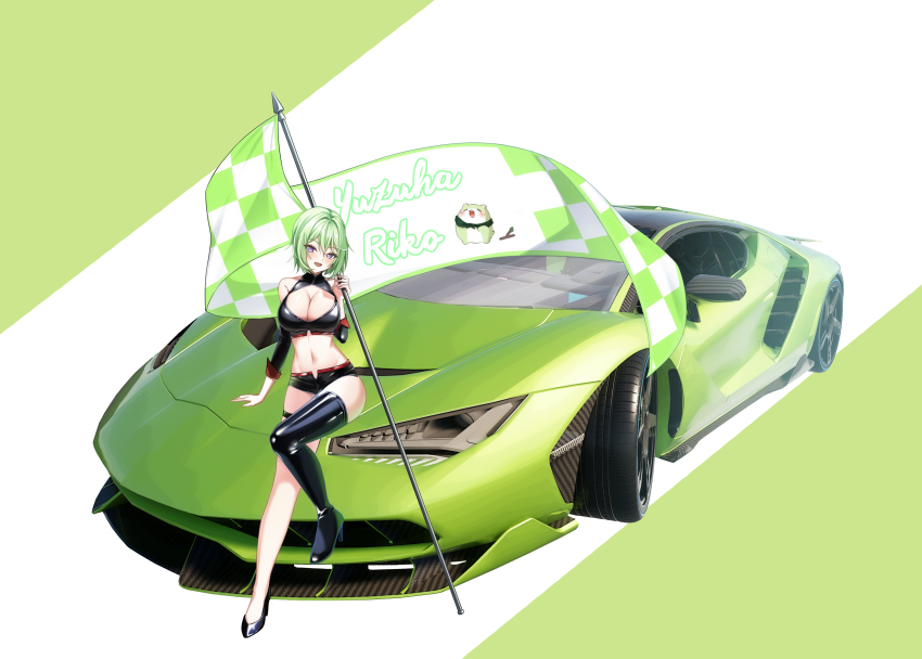 1girl absurdres bare_legs bare_shoulders black_boots black_shirt black_shorts black_thighhighs boots breasts car checkered_flag cleavage cleavage_cutout clothing_cutout crop_top detached_sleeves flag green_hair hand_up high_heel_boots high_heels highres holding holding_flag lamborghini large_breasts long_sleeves looking_at_viewer micro_shorts midriff motor_vehicle navel open_fly open_mouth purple_eyes race_queen shirt short_hair shorts single_thigh_boot sleeveless sleeveless_shirt smile solo sports_car stellive stomach thigh_boots thigh_strap thighhighs thighs vehicle_request virtual_youtuber yt9676 yuzuha_riko