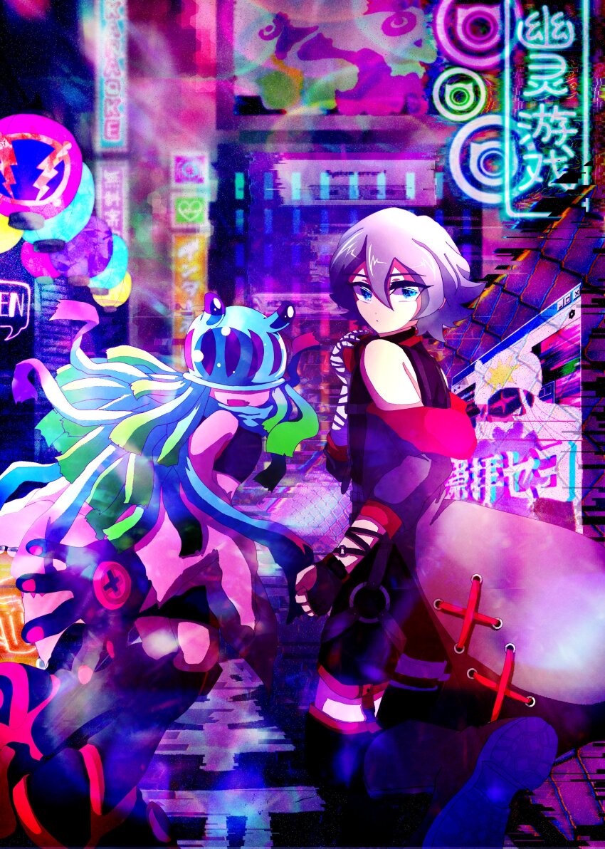 absurdres amphimon android armor bandaged_arm bandages blue_eyes digimon digimon_(creature) digimon_ghost_game diving_suit full_armor gynoid higashimitarai_kiyoshiro highres jellyfish_girl jellymon mask mecha_girl monster_girl no_eyes robot_girl short_hair tentacle_hair tentacles teslajellymon thetismon white_hair
