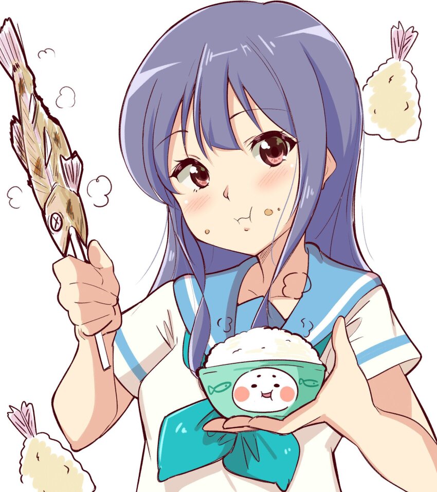 blue_hair blue_neckerchief blue_sailor_collar blush bowl closed_mouth crumbs eating fish fish_(food) food fried_fish hibike!_euphonium highres holding kanmuri_neko kitauji_high_school_uniform long_hair neckerchief red_eyes rice rice_bowl sailor_collar school_uniform serafuku shirt short_sleeves shrimp shrimp_tempura tempura upper_body white_shirt yoroizuka_mizore