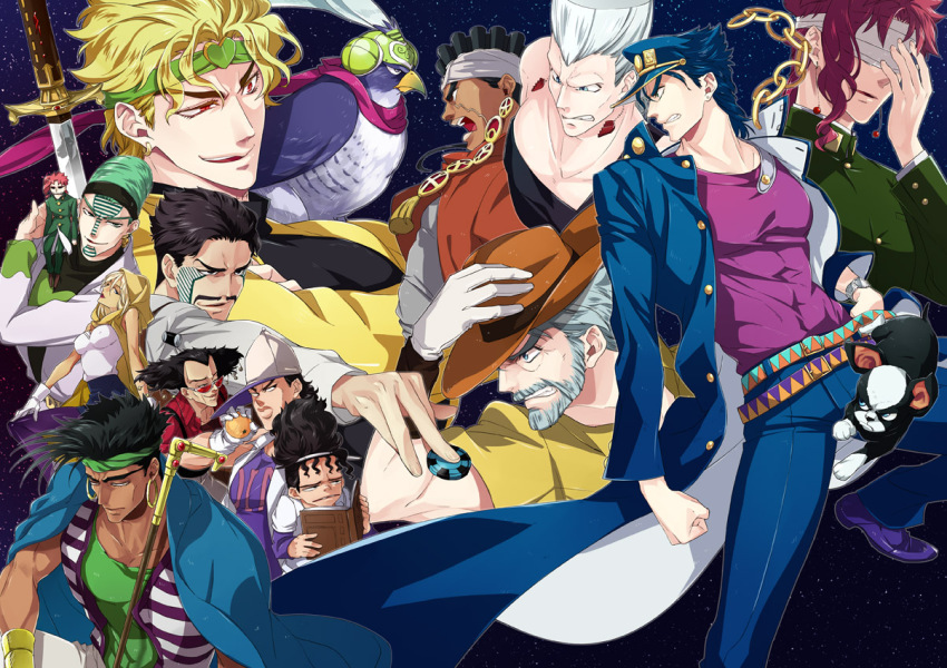 1girl 6+boys alessi anubis_(stand) beard bird black_hair blonde_hair boingo book cane clenched_teeth daniel_j._d&#039;arby dark-skinned_male dark_skin dio_brando dog facial_hair falcon grey_hair hand_on_headwear hat hiokirasu hol_horse iggy_(jojo) jean_pierre_polnareff jojo_no_kimyou_na_bouken joseph_joestar joseph_joestar_(old) kakyoin_noriaki kuujou_joutarou mariah_(jojo) mohammed_avdol multiple_boys muscular mustache n&#039;doul oingo pet_shop poker_chip red_hair smirk sword teeth terence_t._d&#039;arby vanilla_ice weapon