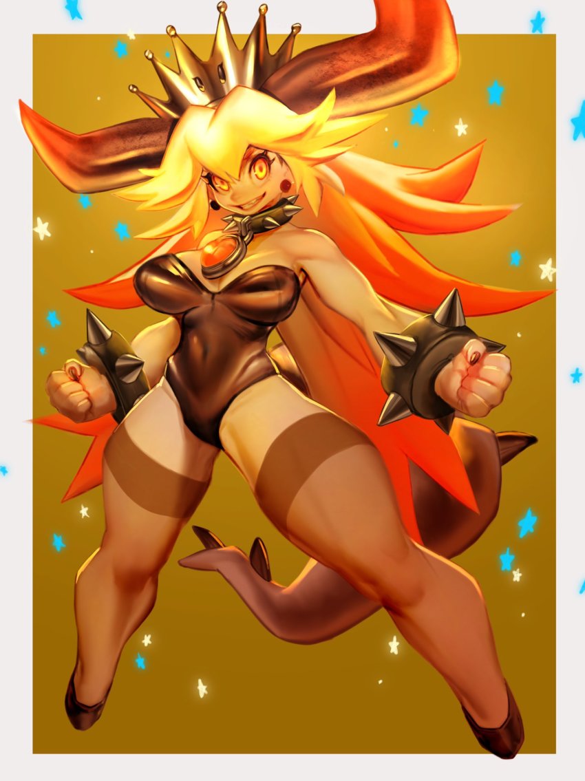 1girl bare_shoulders black_leotard black_nails bowsette bracelet breasts collar earrings grin highres horns jewelry large_breasts leotard long_hair mario_(series) nail_polish new_super_mario_bros._u_deluxe nintendo orange_eyes poritive smile solo spiked_bracelet spiked_collar spiked_hair spiked_tail spikes strapless strapless_leotard super_crown tail toned very_long_hair