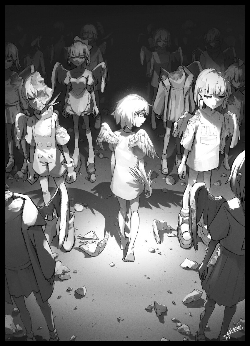 1other 6+girls absurdres ahoge android ankle_boots apron arms_at_sides barefoot boots byoushin_wo_kamu_(zutomayo) closed_eyes closed_mouth collared_shirt earrings fastening_(zutomayo) feathered_wings gloves hair_ornament hair_over_one_eye haze_haseru_haterumade_(zutomayo) headgear highres humanoid_(zutomayo) jacket jewelry kangurei_(zutomayo) kettobashita_moufu_(zutomayo) kuraku_kuroku_(zutomayo) long_sleeves looking_at_another mabushii_dna_dake_(zutomayo) maid maid_apron maid_headdress milabo_(zutomayo) mixed-language_commentary monochrome multiple_girls mune_no_kemuri_(zutomayo) nira-chan nira-chan_(byoushin_wo_kamu)_(zutomayo) nira-chan_(haze_haseru_haterumade)_(zutomayo) nira-chan_(humanoid)_(zutomayo) nira-chan_(kangurei)_(zutomayo) nira-chan_(kettobashita_moufu)_(zutomayo) nira-chan_(kuraku_kuroku)_(zutomayo) nira-chan_(mabushii_dna_dake)_(zutomayo) nira-chan_(milabo)_(zutomayo) nira-chan_(mune_no_kemuri)_(zutomayo) nira-chan_(obenkyou_shitoiteyo)_(zutomayo) nira-chan_(tadashiku_narenai)_(zutomayo) obenkyou_shitoiteyo open_mouth overalls reshanims rock school_uniform serafuku shadow shirt shoes short_sleeves skirt socks statue tadashiku_narenai_(zutomayo) teiketsu_(fastening)_(zutomayo) teiketsu_(zutomayo) turtleneck turtleneck_shirt walking wings zutto_mayonaka_de_ii_no_ni