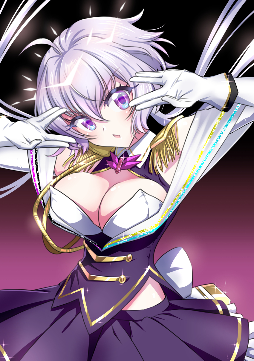 1girl absurdres ahoge axia-chan black_shirt black_skirt blue_eyes breasts cleavage cosplay gloves gradient_eyes grey_hair gridman_universe gridman_universe_(film) hair_between_eyes highres idol large_breasts long_hair multicolored_eyes open_mouth purple_eyes senki_zesshou_symphogear shinjou_akane shinjou_akane_(cosplay) shirt skirt solo symphogear_pendant twintails white_gloves white_shirt yukine_chris