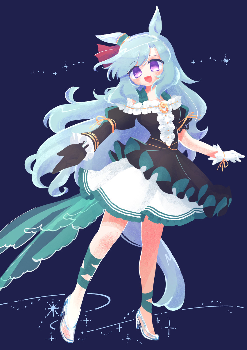 1girl absurdres aqua_hair black_background black_gloves chibi engawa_(engawagorigori) glass_footwear gloves high_heels highres long_hair mejiro_ardan_(umamusume) purple_eyes smile solo umamusume white_gloves