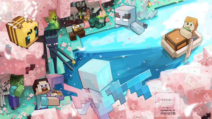 1boy 1girl 6+others alex_(minecraft) allay animal animal-themed_food bee bee_(minecraft) bento boat bug cherry_blossoms cherry_tree chest_(furniture) chicken_(minecraft) commentary_request creeper enderman flower flying from_above grass highres holding holding_bento holding_flower insect looking_at_another looking_up minecraft minecraft_(style) monster multiple_others nature official_style outdoors painterly pig_(minecraft) pillager_(minecraft) river scenery shulker_box skeleton skeleton_(minecraft) squid_(minecraft) standing steve_(minecraft) vex_(minecraft) watercraft watermark zombie zombie2mi_nu zombie_(minecraft)