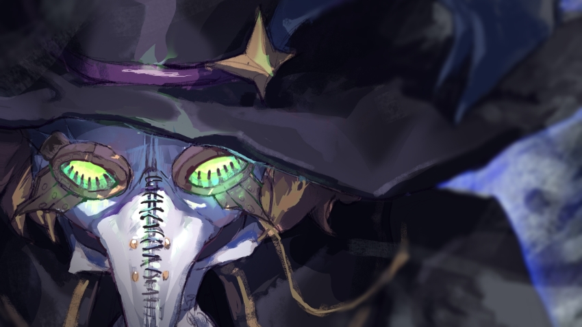 beak bilibilijnylgj bird bird_mask black_cloak black_feathers cloak coat covered_face crow feather-trimmed_coat feather-trimmed_jacket feather_trim feathers gas_mask guardian_tales hat highres mask mouth_mask plague_doctor plague_doctor_(guardian_tales) plague_doctor_mask purple_feathers tagme top_hat