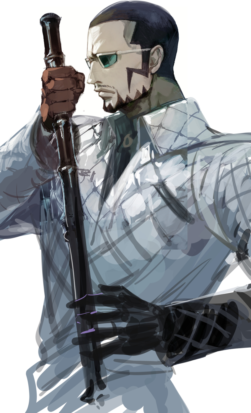 1boy absurdres beard closed_mouth coat collared_coat facial_hair from_side gloves green-tinted_eyewear hand_up highres holding holding_weapon lips long_sleeves mature_male necktie one_piece pale_skin polearm santagawa short_hair sideburns solo sunglasses tinted_eyewear upper_body vergo_(one_piece) very_short_hair weapon wing_collar