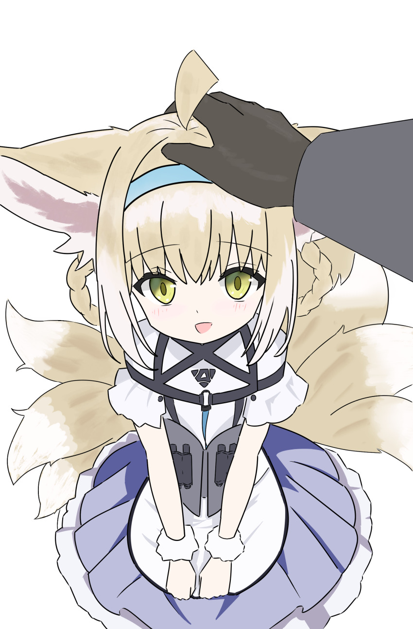 1girl :d absurdres ahoge animal_ear_fluff animal_ears arknights black_gloves blonde_hair blue_hairband blush bww_(user_ymyg3237) chinese_commentary commentary fox_ears fox_girl fox_tail gloves green_eyes hairband hand_on_another&#039;s_head headpat highres light_smile looking_at_viewer multicolored_hair multiple_tails open_mouth pov pov_hands purple_skirt shirt short_hair short_sleeves simple_background skirt smile solo_focus split_mouth streaked_hair suzuran_(arknights) tail v_arms white_background white_hair white_shirt white_tail yellow_tail