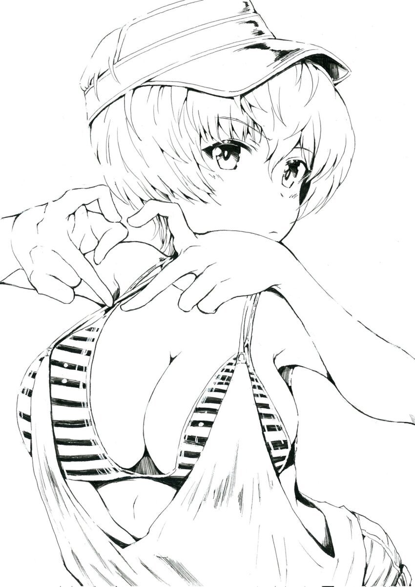 1girl armpits bikini blush breasts cleavage closed_mouth clothing_request facing_to_the_side girls_und_panzer greyscale hair_between_eyes halterneck hashtag-only_commentary hat heart heart_hands highres large_breasts looking_at_viewer monochrome sawamin short_hair short_shorts shorts simple_background sketch solo string_bikini striped_bikini striped_clothes swimsuit upper_body white_background youko_(girls_und_panzer)