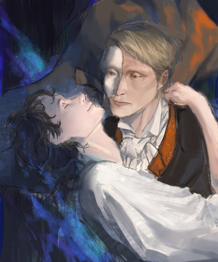 2boys absurdres ascot black_background black_jacket blonde_hair blue_fire brown_eyes brown_hair cape closed_eyes closed_mouth collared_shirt cosplay duzikongkongdaoren expressionless fire half_mask hand_on_another&#039;s_shoulder hannibal_(tv_series) hannibal_lecter highres jacket leaning_back lips long_sleeves looking_at_viewer male_focus mask messy_hair multiple_boys phantom_of_the_opera realistic red_cape red_vest shirt short_hair simple_background three-quarter_sleeves smile upper_body vest white_ascot white_mask white_shirt will_graham wrinkled_skin yaoi