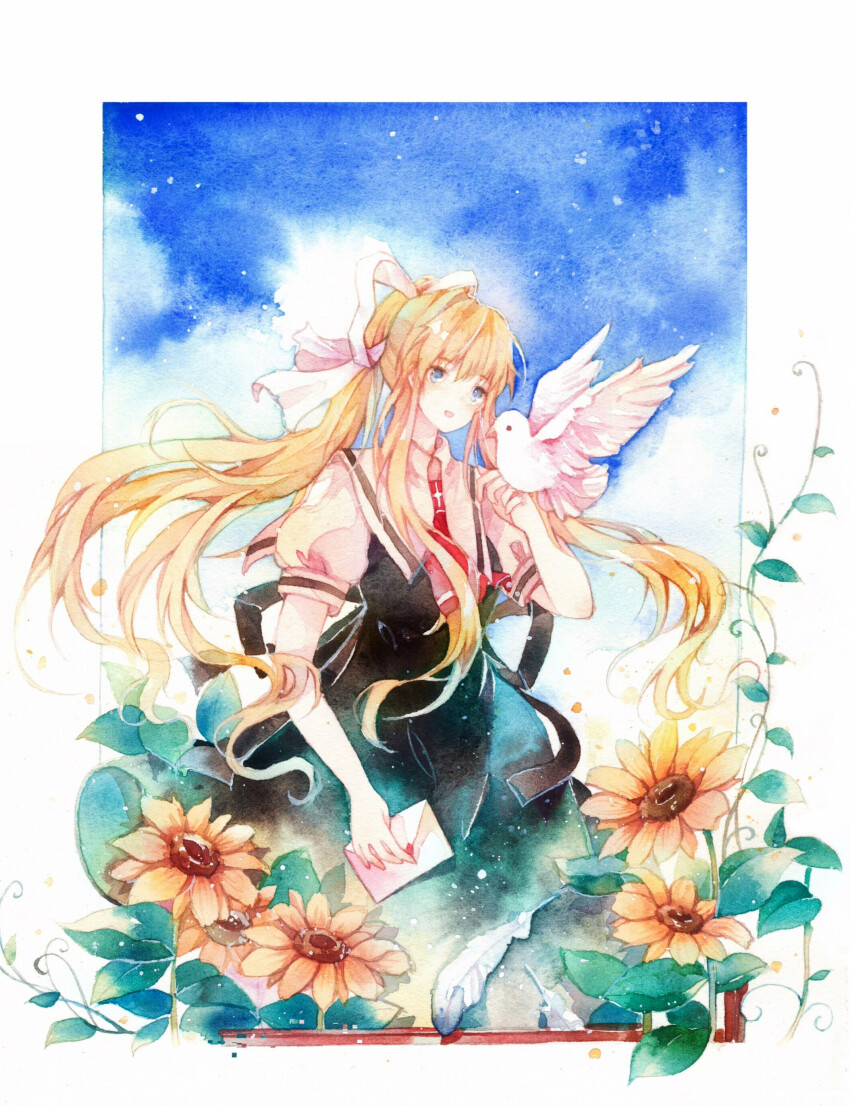 1girl air_(visual_novel) at-sakura bird black_dress blonde_hair blue_eyes blue_sky dove dress feathers flower kamio_misuzu letter neckerchief red_neckerchief ribbon sky sunflower traditional_media white_ribbon
